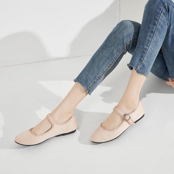 Babudog Womens Nude Faux Suede Rounded Toe Ankle Strap With Buckle Flats - Picture 7 of 9